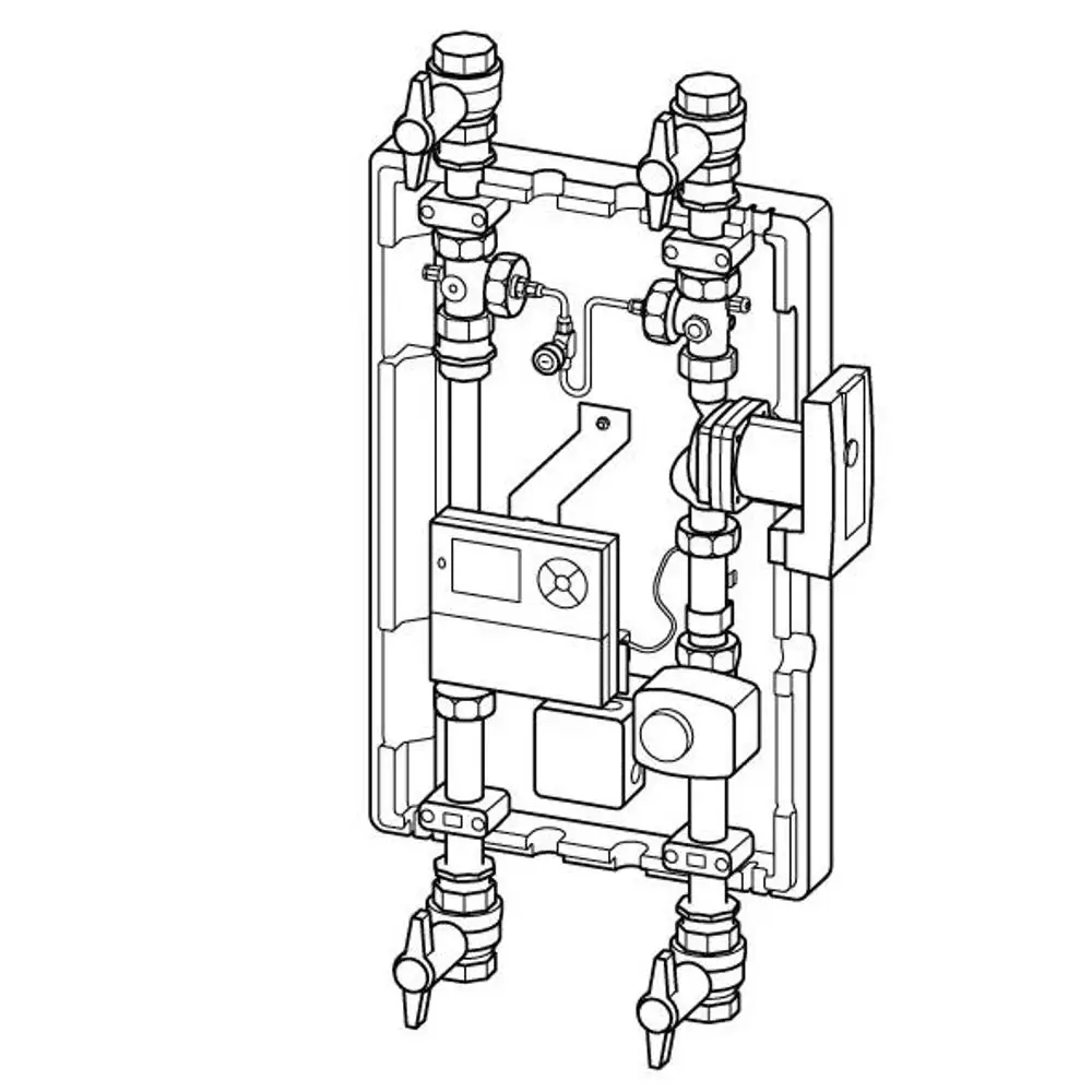Centraler Anschlussblock mit mehreren Ventilen und einem Steuergerät, ausgestattet mit Komponenten zur Kontrolle des Wasserflusses, hergestellt von Uponor.